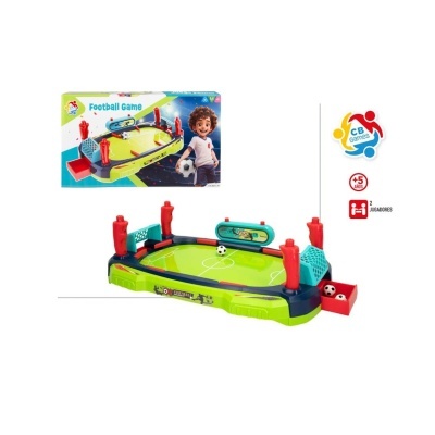 Jogo de futebol de mesa verde e vermelho com bola e embalagem com criança