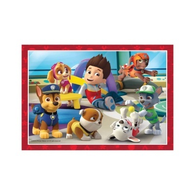 Puzzle da PAW Patrol com personagens animados em ambiente interior colorido.