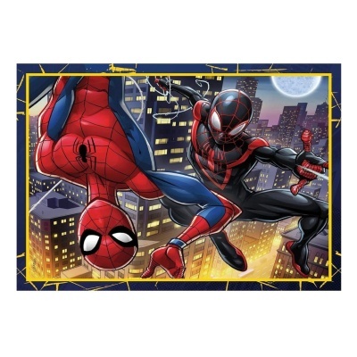 Puzzle do Homem-Aranha com dois personagens em fatos distintos e fundo urbano noturno