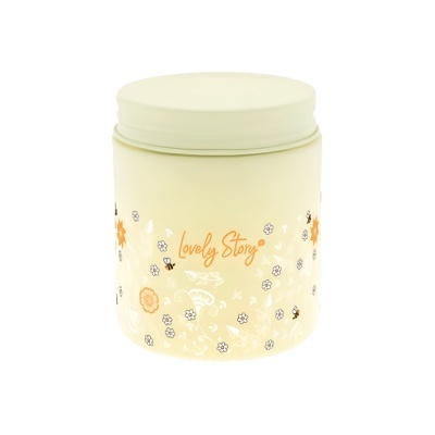 Frasco plástico amarelo claro com tampa e decoração floral e abelhas.