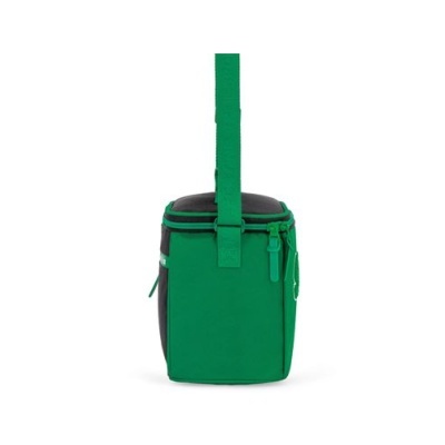Mochila verde e preta com alça verde e bolso frontal
