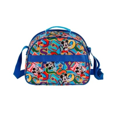 Mochila infantil colorida com personagens do Mickey Mouse e alças azuis