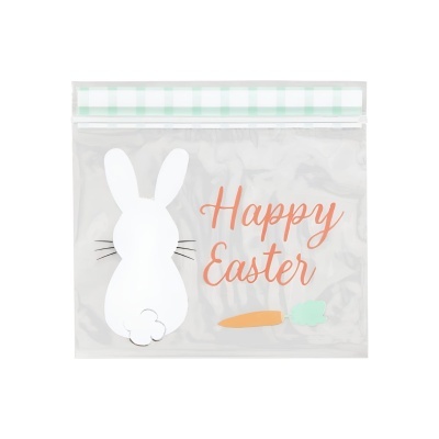 Saco plástico transparente com coelho e texto Happy Easter