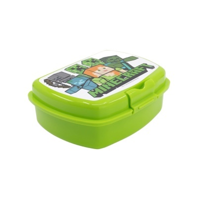 Estojo verde com tampa branca ilustrada com personagens Minecraft e texto MINECRAFT
