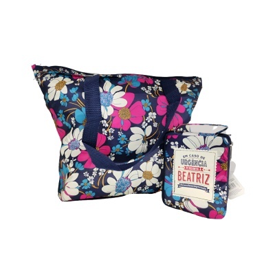 Conjunto de saco e estojo floral azul, rosa e branco com etiqueta de nome