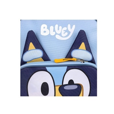 Mochila infantil azul com orelhas e olhos de cão e texto 'BLUEY'