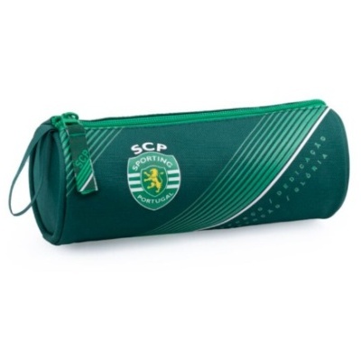 Estojo cilíndrico verde com emblema do Sporting Clube de Portugal e fecho verde