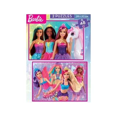 Embalagem de 2 puzzles da Barbie com imagens coloridas de bonecas e um cavalo