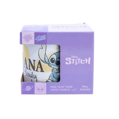 Caneca Disney Stitch em caixa roxa com texto Ohana Family