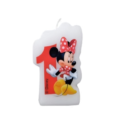 Decoração número 1 com Minnie Mouse com laço vermelho de bolinhas brancas.