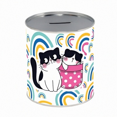 Mealheiro metálico com desenho de dois gatos e padrões coloridos