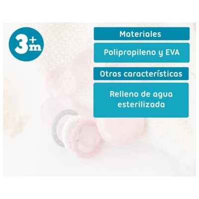 Indicação de idade 3+ meses e materiais Polipropileno e EVA com chupeta em fundo claro