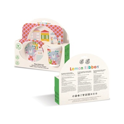 Conjunto Infantil de Refeição em bambu com desenho de gatinho e flores na embalagem