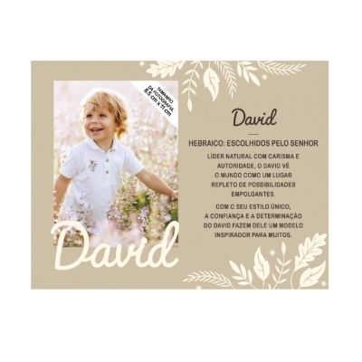 Cartaz decorativo com foto de criança e texto sobre o nome David
