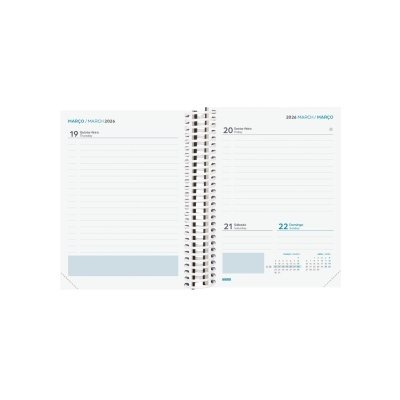 Agenda diária espiralada aberta nas páginas de 19 a 22 de março de 2024