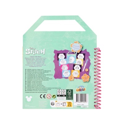 Livro para colorir Disney Stitch verde com espiral rosa e texto explicativo