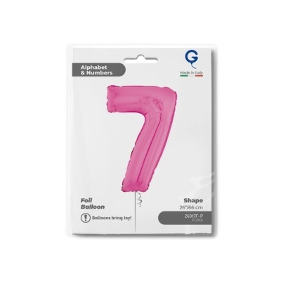Balão em forma do número 7 na cor fúcsia em embalagem plastic transparente