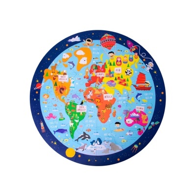 Tapete redondo com mapa-múndi colorido e ilustrações de animais e espaço