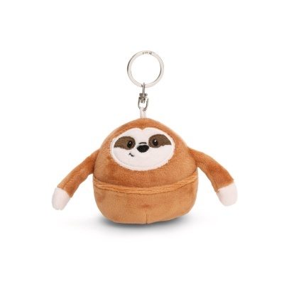 Porta-chaves de peluche castanho em forma de preguiça com argola metálica