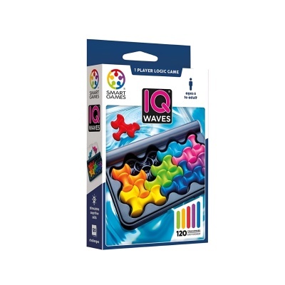 Embalagem do jogo de lógica IQ Waves da Smart Games com peças coloridas e texto indicativo