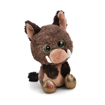 Pelúcia de javali castanha com olhos verdes e patas douradas