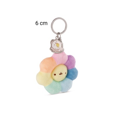 Porta-chaves de peluche em forma de flor colorida com etiqueta Molang
