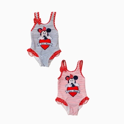 Dois fatos de banho infantis às riscas com estampa da Minnie e detalhes vermelhos
