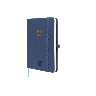 Agenda azul escuro com elástico e texto dourado 2026 2027