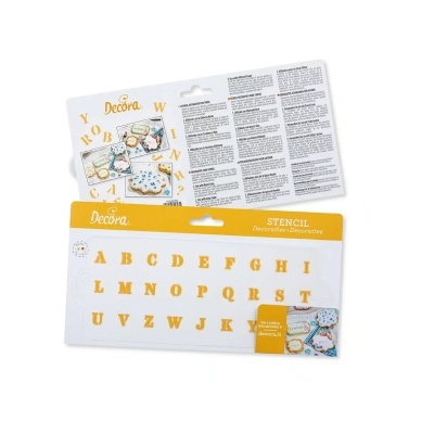 Stencil decorativo com letras do alfabeto para bolachas, embalagem Decora amarela e branca