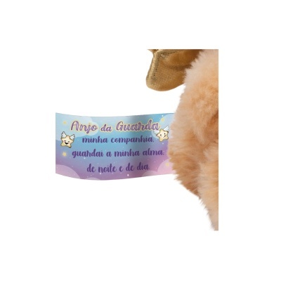 Etiqueta decorativa com texto em português e anjos, fundo lilás e azul claro, parcialmente coberta por tecido felpudo bege.