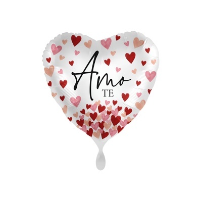 Balão metálico em forma de coração com texto Amo TE e padrões de corações