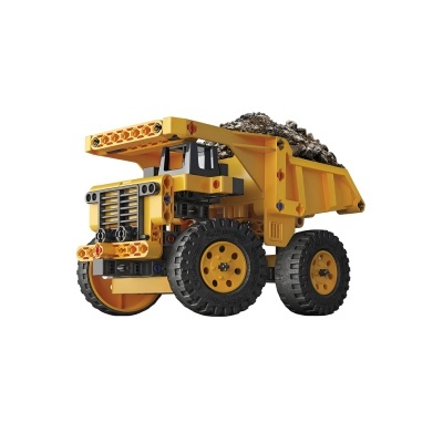 Brinquedo camião basculante amarelo com carga simulada