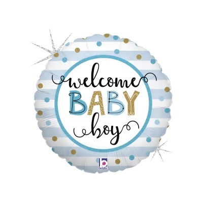 Balão metálico redondo azul e branco com texto 'welcome BABY boy'