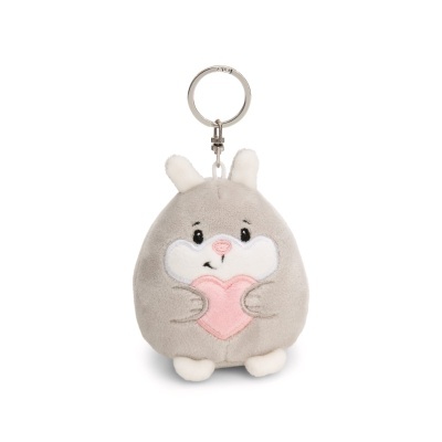 Porta-chaves de peluche em forma de coelho cinzento com coração cor-de-rosa