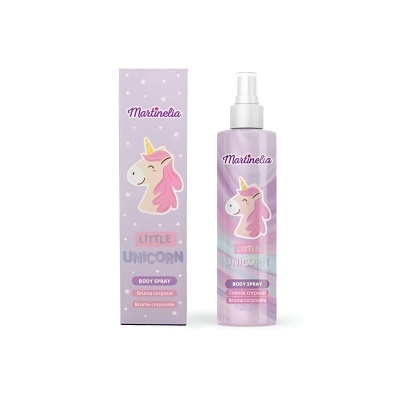 Spray corporal Martinelia Little Unicorn com embalagem e frasco rosa e ilustração de unicórnio