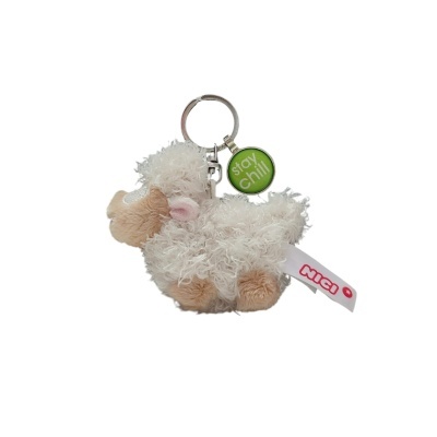 Porta-chaves de peluche ovelha branca e castanha com etiqueta NICI e pendente stay chill