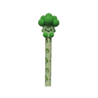 Caneta verde com cabeça de brócolis sorridente