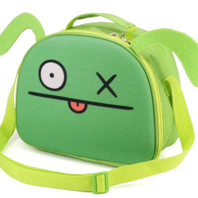 Mala infantil verde com rosto divertido e alça ajustável