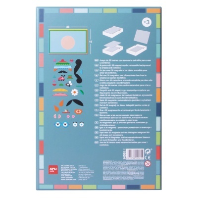 Embalagem de produto azul com peças recortadas coloridas e textos em várias línguas