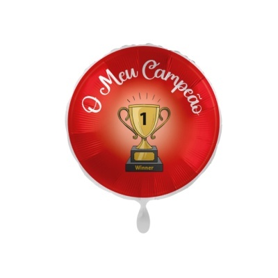 Balão vermelho com troféu dourado e texto O Meu Campeão