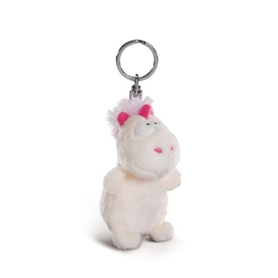 Porta-chaves de peluche em forma de unicórnio branco com detalhes cor-de-rosa