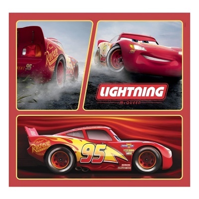 Carro de corrida vermelho Lightning McQueen com número 95 e texto Rust-eze em três imagens.