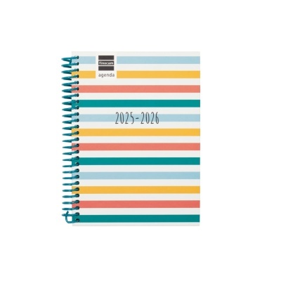 Agenda 2025-2026 com riscas coloridas e espiral azul