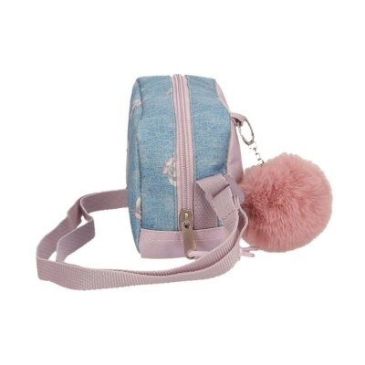 Bolsa pequena infantil azul e rosa com pompom rosa