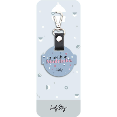 Porta-chaves redondo azul com mensagem para madrinha