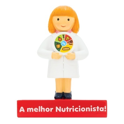 Figurina de nutricionista segurando um círculo com alimentos e placa A melhor Nutricionista!