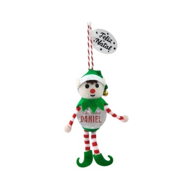 Boneco decorativo de Natal tipo duende com roupa às riscas e etiqueta Feliz Natal