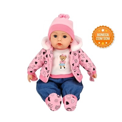 Boneca bebé com roupa rosa e azul e selo laranja com texto BONECA COM SOM