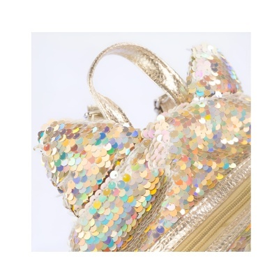 Mochila infantil dourada com lantejoulas e forma de ursinho