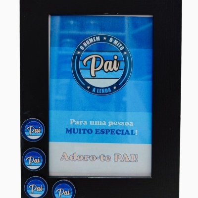 Moldura preta com texto azul para pai e quatro autocolantes azuis com a palavra Pai